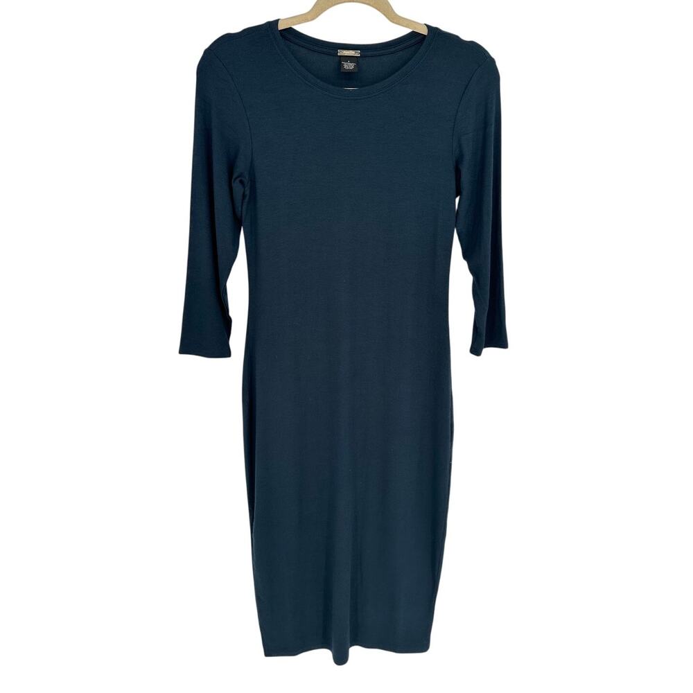 Magaschoni Blue Midi Ribbed Dress 3/4 Length Sleeves Crew Neck Casual Stretch S